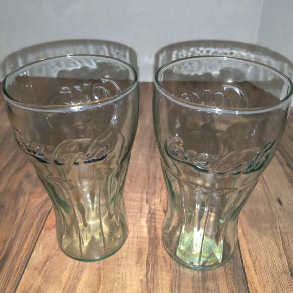 Coca Cola Coke Green Rib Contour Soda Drink Glasses Cups Set Of 2. - Picture 1 of 4